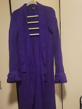 Hanifa Purple Long Open-Front Fringe Cardigan